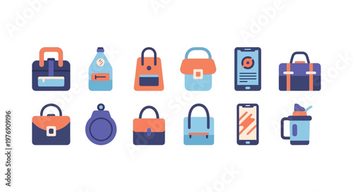 Collection of various colorful bags and accessories displayed