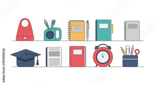 A collection of school supplies and books on a shelf with graduation cap