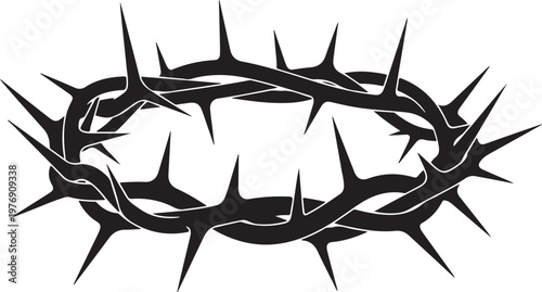 A crown of thorns made of sharp metal spikes and twisted metal bands symbolizing suffering and sacrifice in a circular shape
