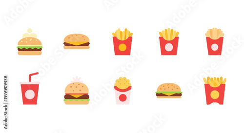 A variety of fast food items including burgers, fries, and drinks are arranged on a table.