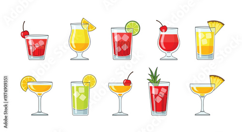 A selection of ten distinct cocktails served in various elegant glasses with garnishes like cherries, lime slices, and pineapple wedges on a bright background.