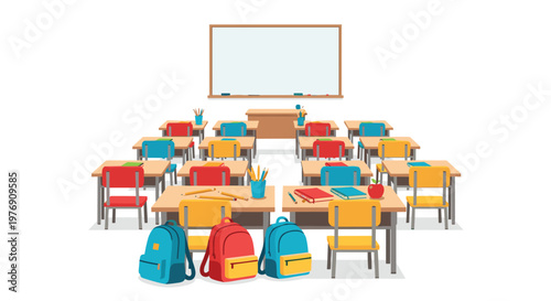 Empty school classroom features organized wooden desks with colorful chairs and student backpacks arranged neatly against a bright professional studio backdrop.