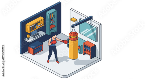 Isometric Illustration of a Woman Training with a Boxing Punching Bag