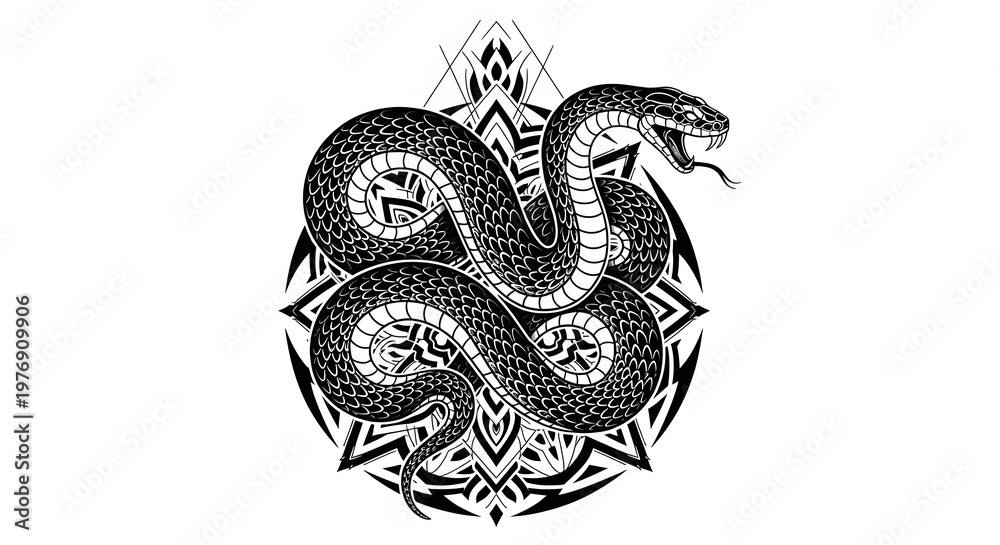 Fototapeta premium Detailed illustration of a snake coiled around a mandala design