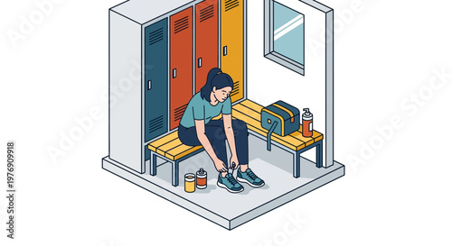 Woman tying shoelaces in gym locker room isometric vector