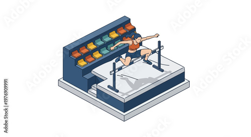 Isometric Vector of Female Athlete Jumping Over Hurdle in Stadium