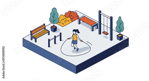 Isometric vector of woman jumping rope at outdoor fitness park
