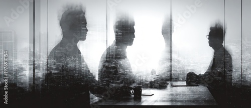 Blurred double exposure silhouette of business people meeting in modern city office with glass reflections and layered urban corporate atmosphere