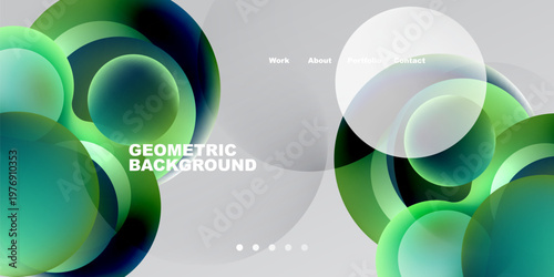 Abstract design features overlapping circles, gradients. Dark background contrasts light elements, text labels present. Modern aesthetic.