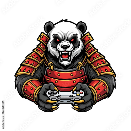 Furious panda bear in samurai armor holding a video game controller aggressively