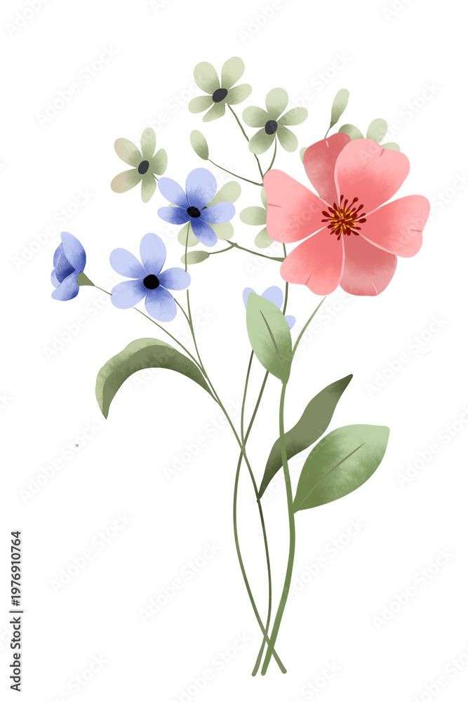 Fototapeta premium Bouquet with flower and leaves, hand painted. Floral botanical illustration. 