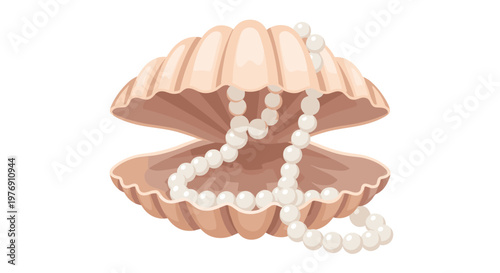 A long string of elegant white pearls cascades gracefully within an open light tan seashell set against a bright white background with soft warm tones.