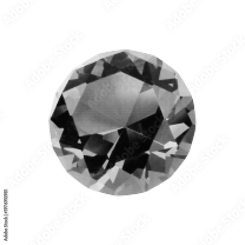 Halftone illustration of gemstone with faceted cut, isolated on white background. Luxury jewelry concept in monochrome retro print style.