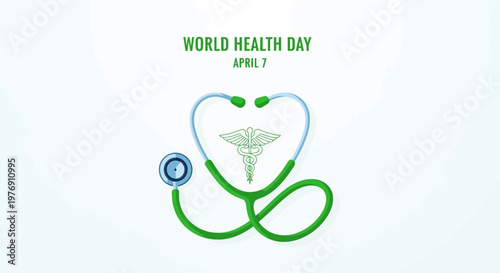 World Health Day April 7 Green Stethoscope Heart Shape with Globe in Bright Studio