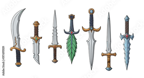 A collection of seven ornate fantasy daggers with diverse metallic blades and colorful gemstone hilts rests against a clean white background in bright light.