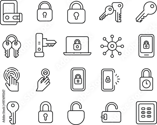 Security icons vector illustration, locks, keys, fingerprint, smartphone, laptop, keypad, access control artwork, digital protection design, physical and electronic safety concept
