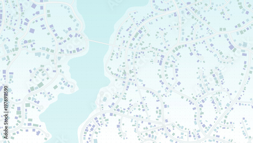 Abstract map showing bridge connection between two landmasses with building blocks