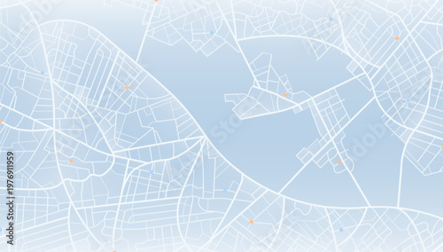 Abstract city map with white street grid surrounding central blue water area