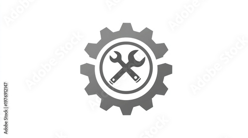 Stylized cog with crossed wrenches in a circle, depicted in grayscale on a white background