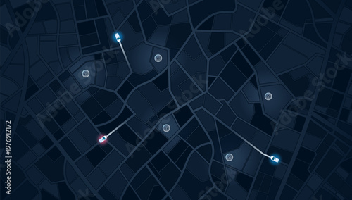 Dark city map displaying police patrol routes with security checkpoints and vehicle tracking