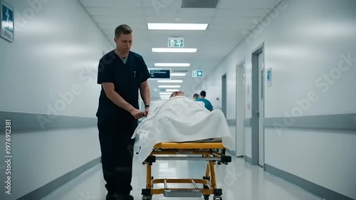Medical professional pushing patient on gurney down hospital corridor.