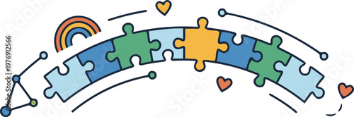 Colorful puzzle pieces connected in an arc with hearts and a rainbow, symbolizing unity, diversity, inclusion, and connection within a community.