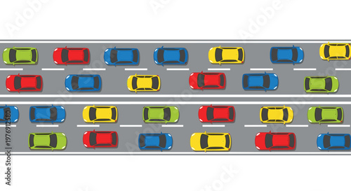 Organized multi-lane road featuring evenly spaced colorful cars moving in a smooth traffic flow pattern captured from a top-down perspective on white.