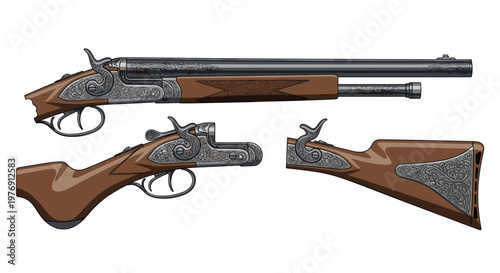 Detailed illustration of a classic double-barreled shotgun displayed in three separate components including the full weapon, receiver, and wooden stock.