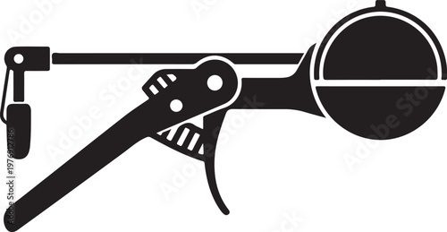 Black and white illustration of a mechanical device with a long handle and a round object on the right side  isolated on transparent background