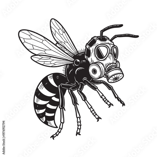 Wasp Bee Wearing Gas Mask Detailed Engraving Vector Illustration, Dangerous Insect with Protective Equipment