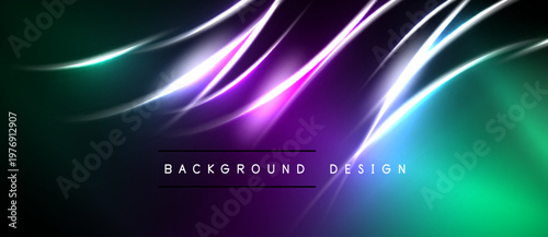 Abstract vibrant design features flowing lines, gradients. Dark background contrasts bright neon colors, creating dynamic visual effect.