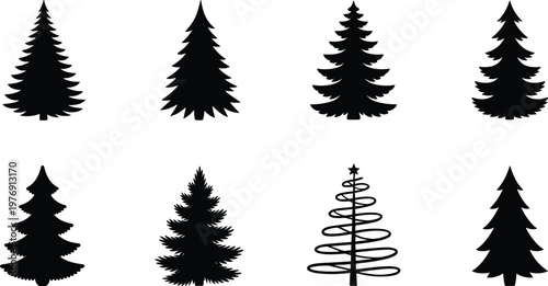 Collection of Christmas tree silhouette icons featuring diverse pine and fir tree shapes including traditional evergreens, sharp conifer needles, and a minimalist spiral graphic with a star.