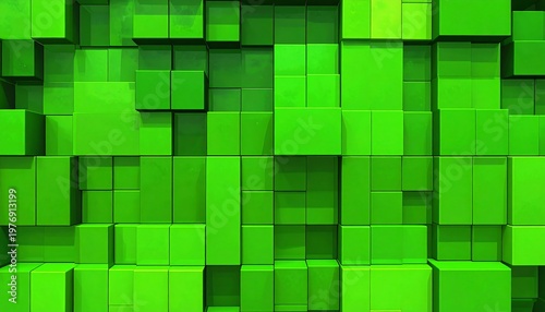 A vibrant green 3D abstract background composed of numerous small cubes