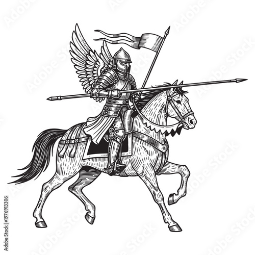 Medieval Knight on Horseback with Lance Detailed Engraving Vector, Heroic Warrior Cavalry Illustration