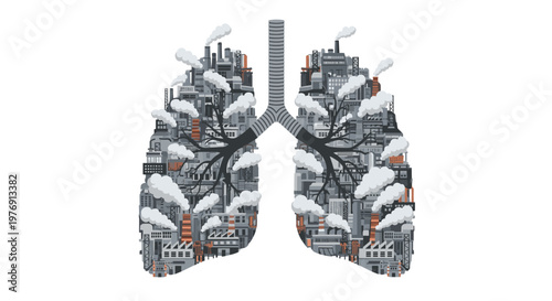 Complex industrial factory landscape forming human lung shapes with orange accents and billowing smoke plumes set against a clean and bright white surface.