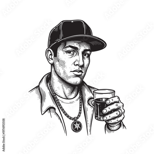 Young Hipster Man with Baseball Cap and Chain Necklace Holding Drink Engraving Vector, Urban Street Style