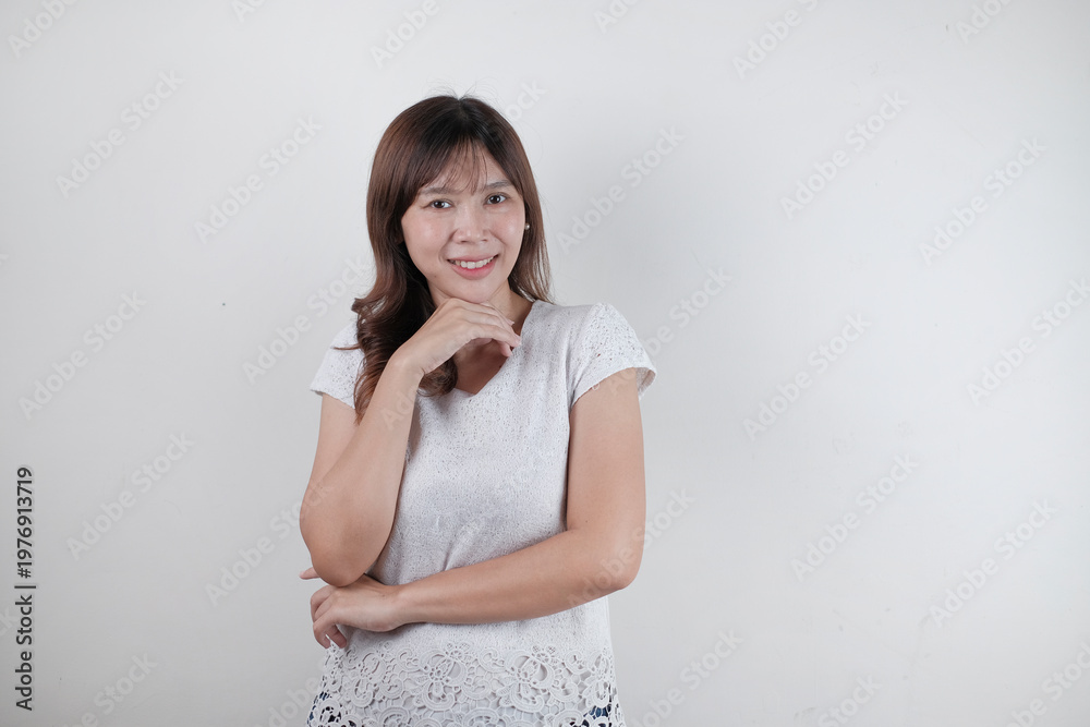 Obraz premium Woman Pointing and Presenting Empty Copy Space Isolated on White Background