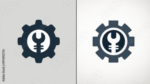 Two stylized wrench inside a gear icons on gray and white backgrounds, simple and clean
