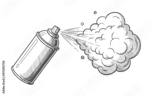 Black and white of a spray can emitting a cloud of mist aerosol