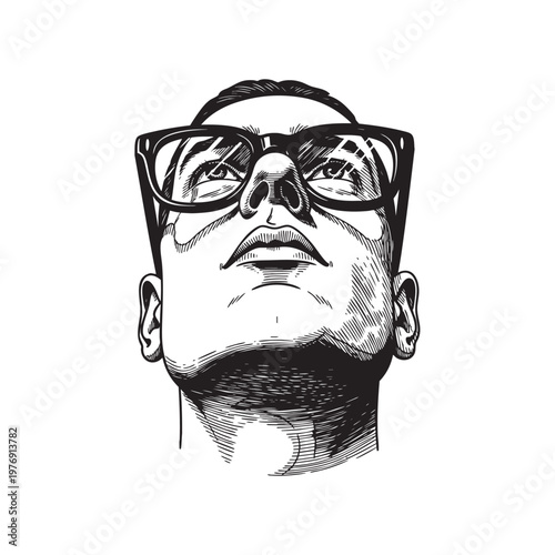 Bearded Man with Glasses Looking Up Portrait Engraving Vector, Cool Thoughtful Hipster Male Character