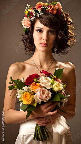 A beautiful woman with curly hair and a floral crown, holding a vibrant bouquet. She wears a strapless dress, gazing softly