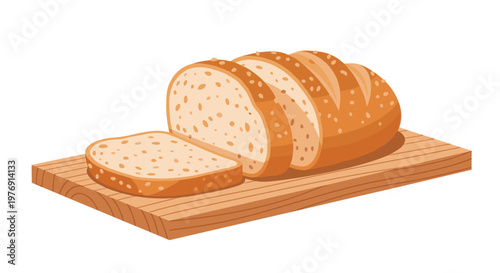 Freshly sliced artisan seeded loaf sits on a rustic wooden cutting board with a warm golden crust against a clean white background in bright studio light.