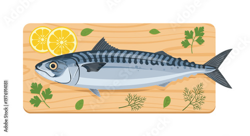 Fresh mackerel fish resting on a rustic wooden cutting board garnished with bright lemon slices and green herbs in a clean and bright culinary composition.