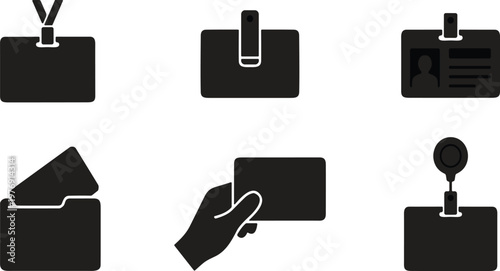 Collection of professional ID card icons and badge silhouettes featuring identification tags with lanyards, holders, hand holding credit card, and name plate graphics for business security.