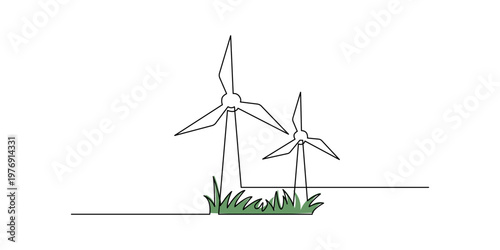 Continuous line drawing of two wind turbines on green grass