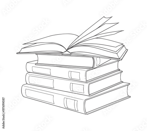 Stack of four books with one open and pages fanned out
