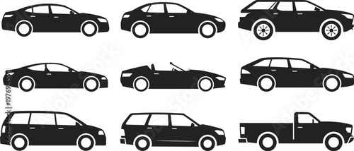 Collection of vehicle silhouette icons featuring different car body styles including sedan, SUV, coupe, convertible, hatchback, minivan, station wagon, and pickup truck for automotive industry.