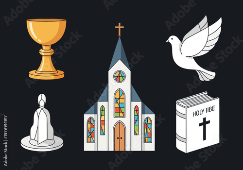 Christian Symbols Set: Church, Holy Bible, Peace Dove, Chalice, and Religious Statue Illustration on Black Background
