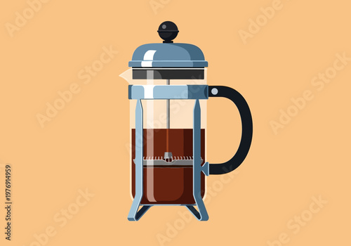 Flat Vector Illustration of a Classic French Press Coffee Maker Filled with Dark Brew on Orange Background
