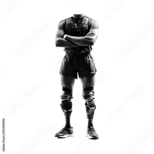 Halftone illustration of boxer athlete with crossed arms, isolated on white background. Strength, confidence and sport concept in monochrome retro print style.
